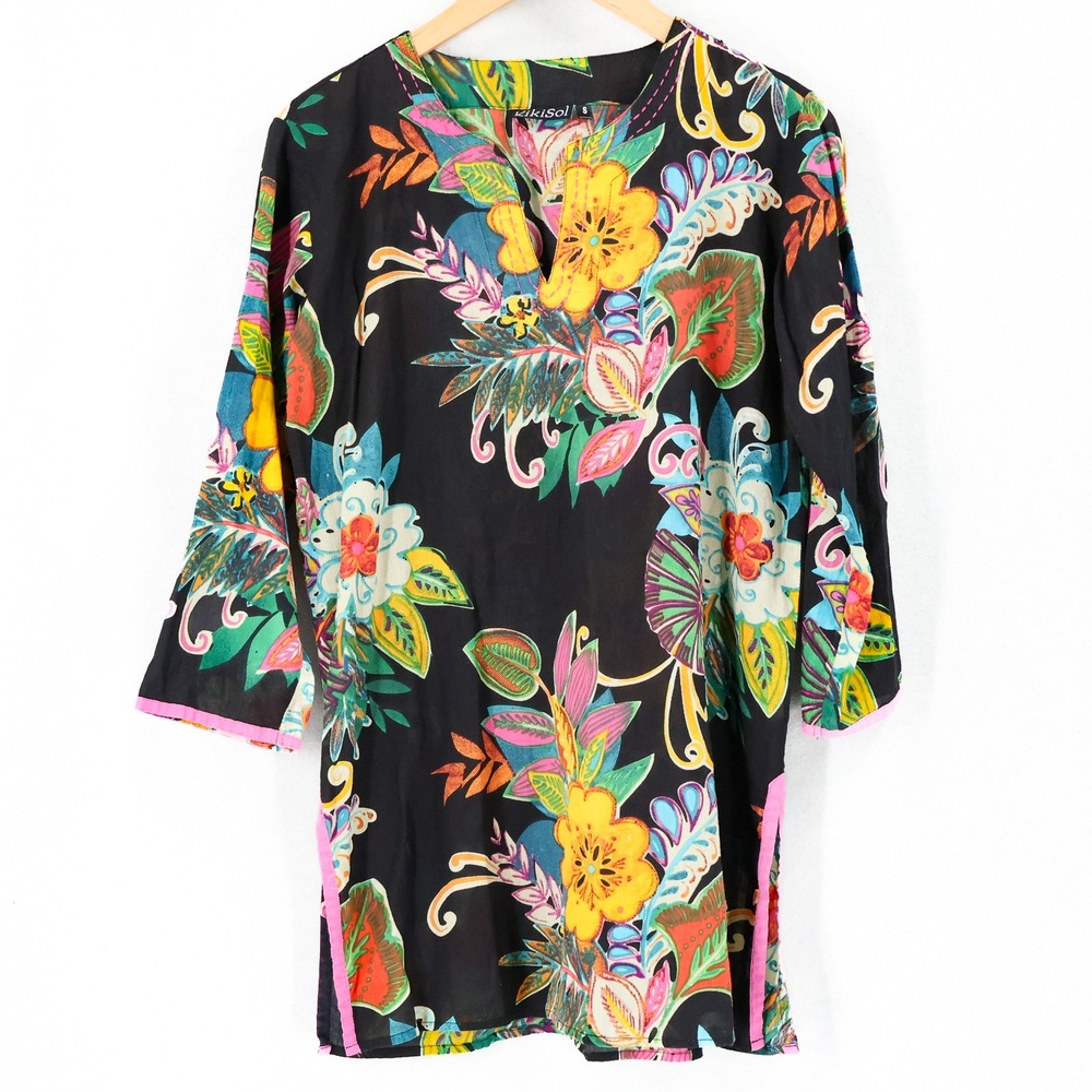 KikiSol Tunic Top Womens Floral Print V-Neck Size S Black India